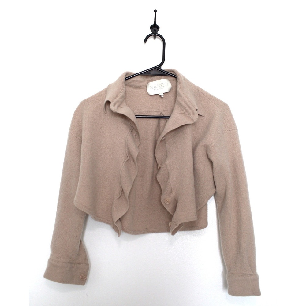 Naked Cashmere Tan Beige Ruffle Front Cropped Cardigan Sweater XS